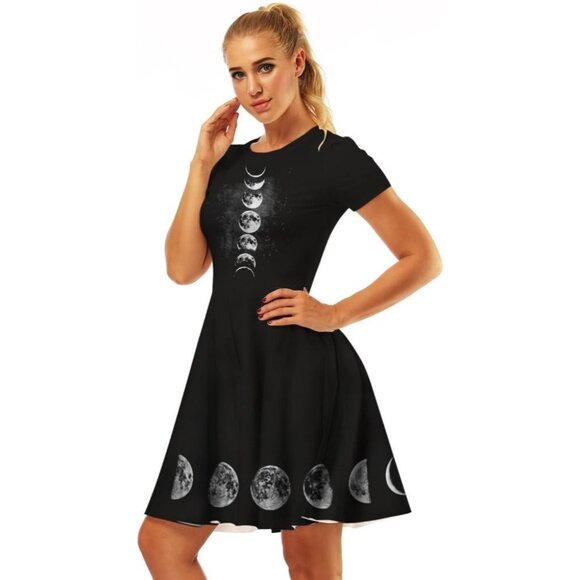 Women's 3D Moon Print Short Sleeve Casual Flared Swing Black Midi Dress - Picture 3 of 6